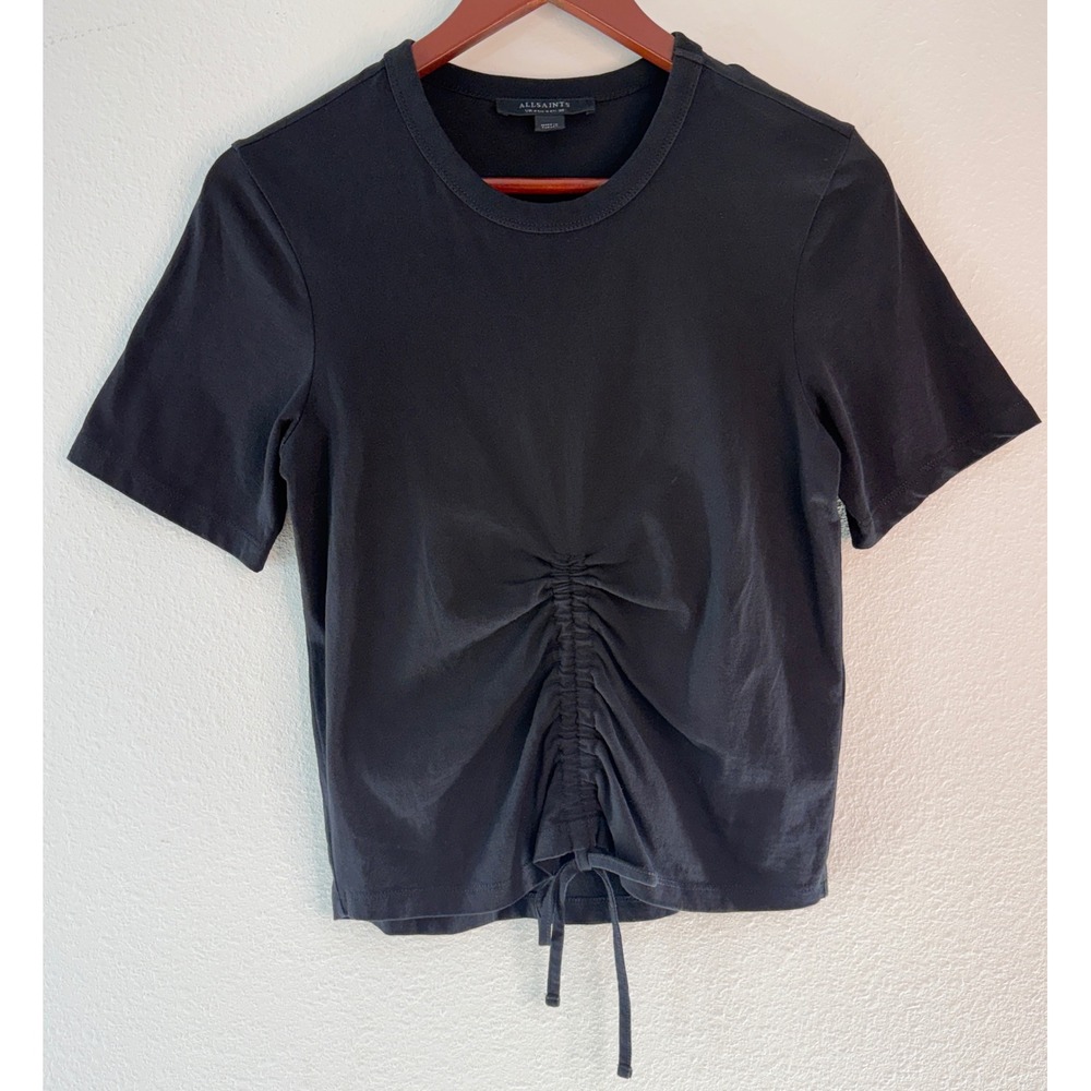 AllSaints Gia Black Ruched Cropped T-Shirt Top 100% Organic Cotton Grunge US 4